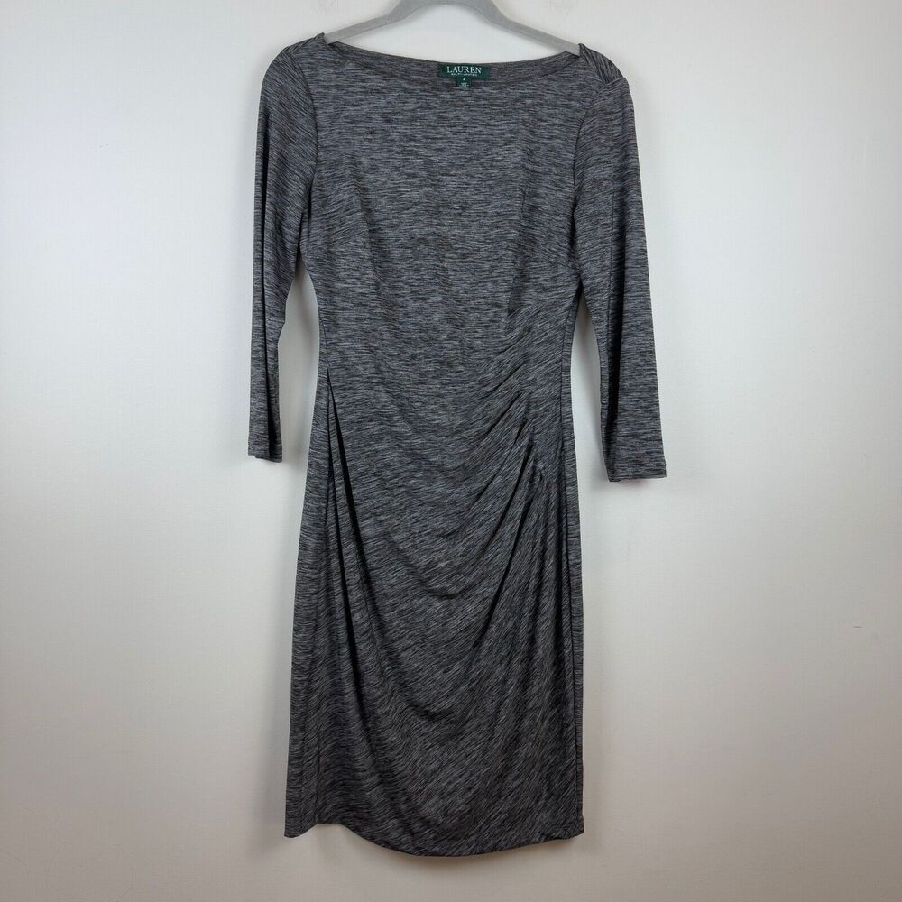Ralph Lauren Dress Women 4 Gray Ruched Boat Neck Long Sleeve Stretch Career Work